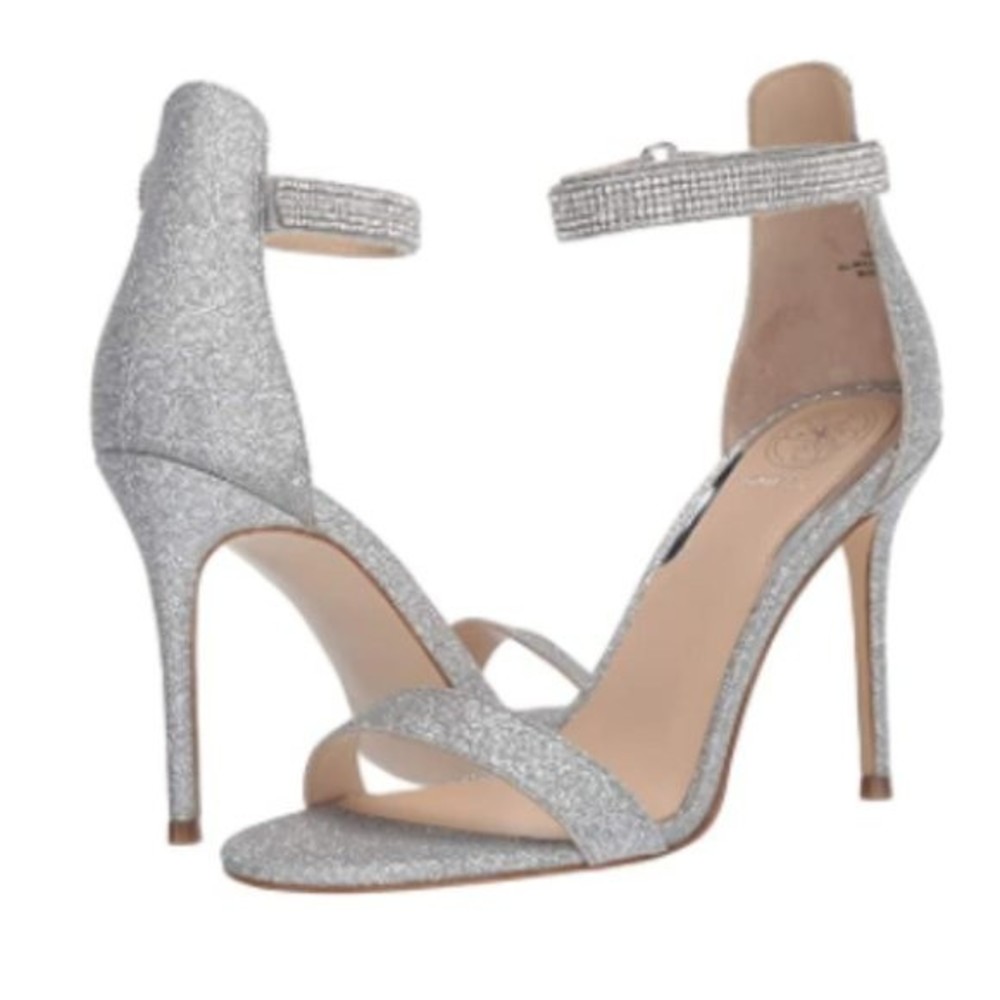 NEW Guess Size‎ 9 Kahluy Silver Glittery Ankle Strap Heels Dress Sandals Shoes
